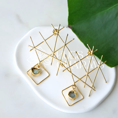 GOLDEN RAW STONE GRID DROPS EARRINGS (Colours available)