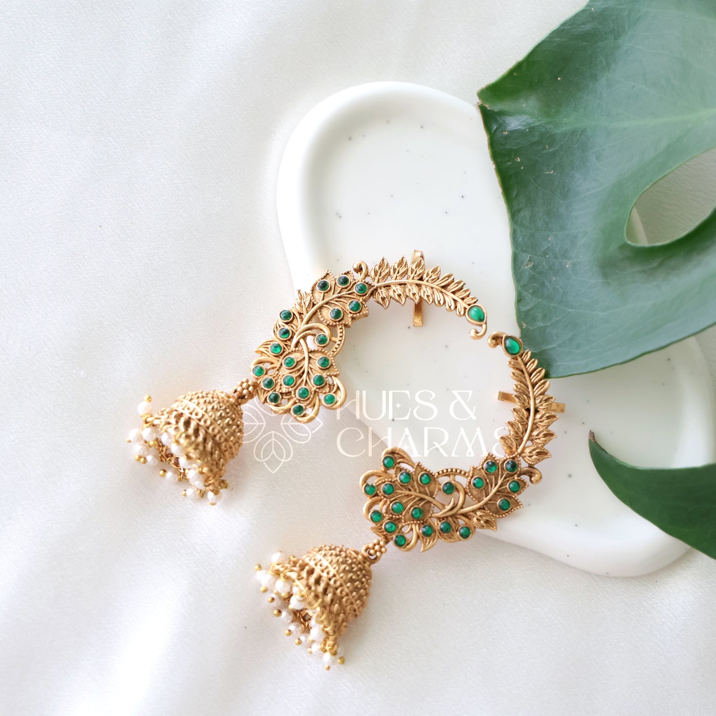 GOLDEN KANKA LEAF EAR CUFF JHUMKAS WITH PEARLS (COLOURS AVAILABLE)