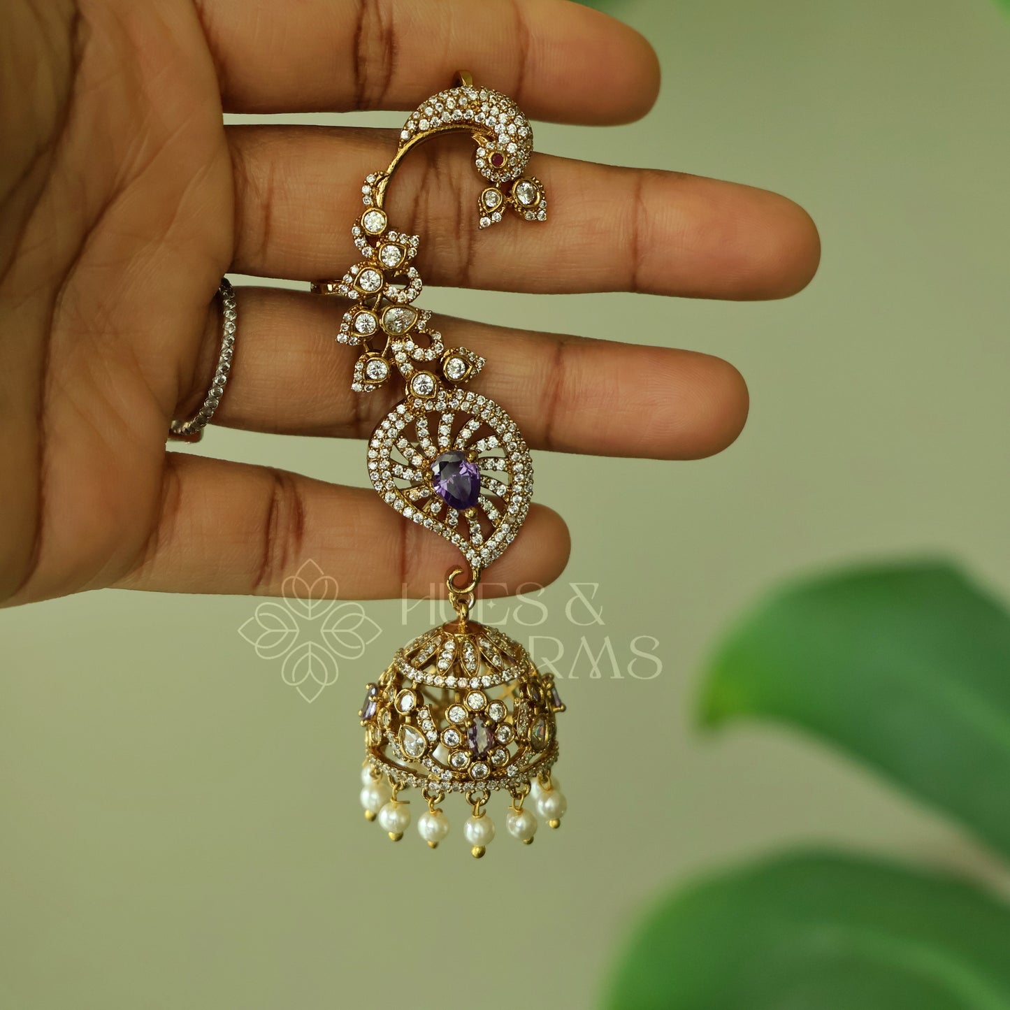 STATEMENT MAYURA AD EAR CUFF JHUMKA WITH PEARLS ( Colours available)|Premium jewellery