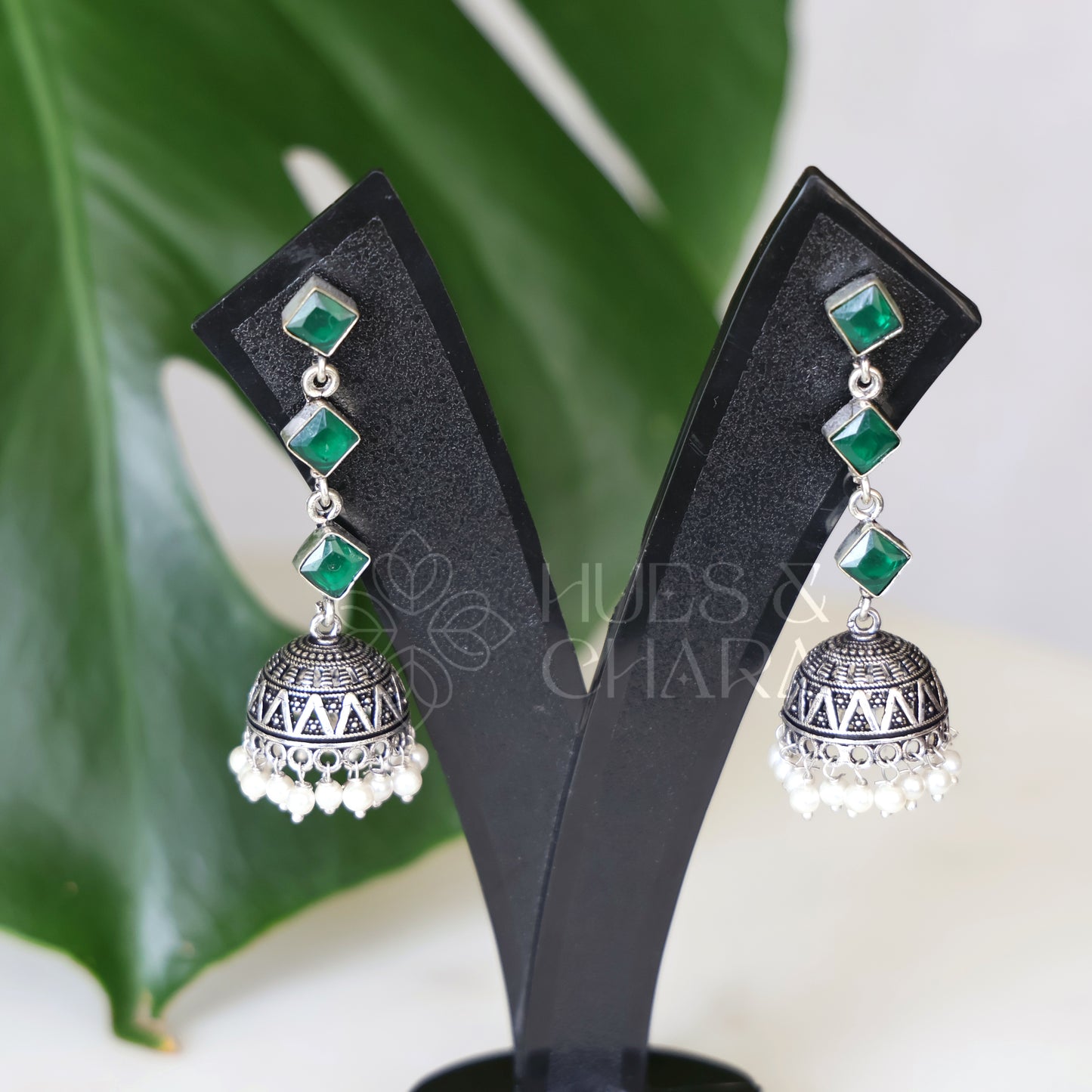OXIDISED 3 STONE JHUMKAS( COLOURS AVAILABLE )