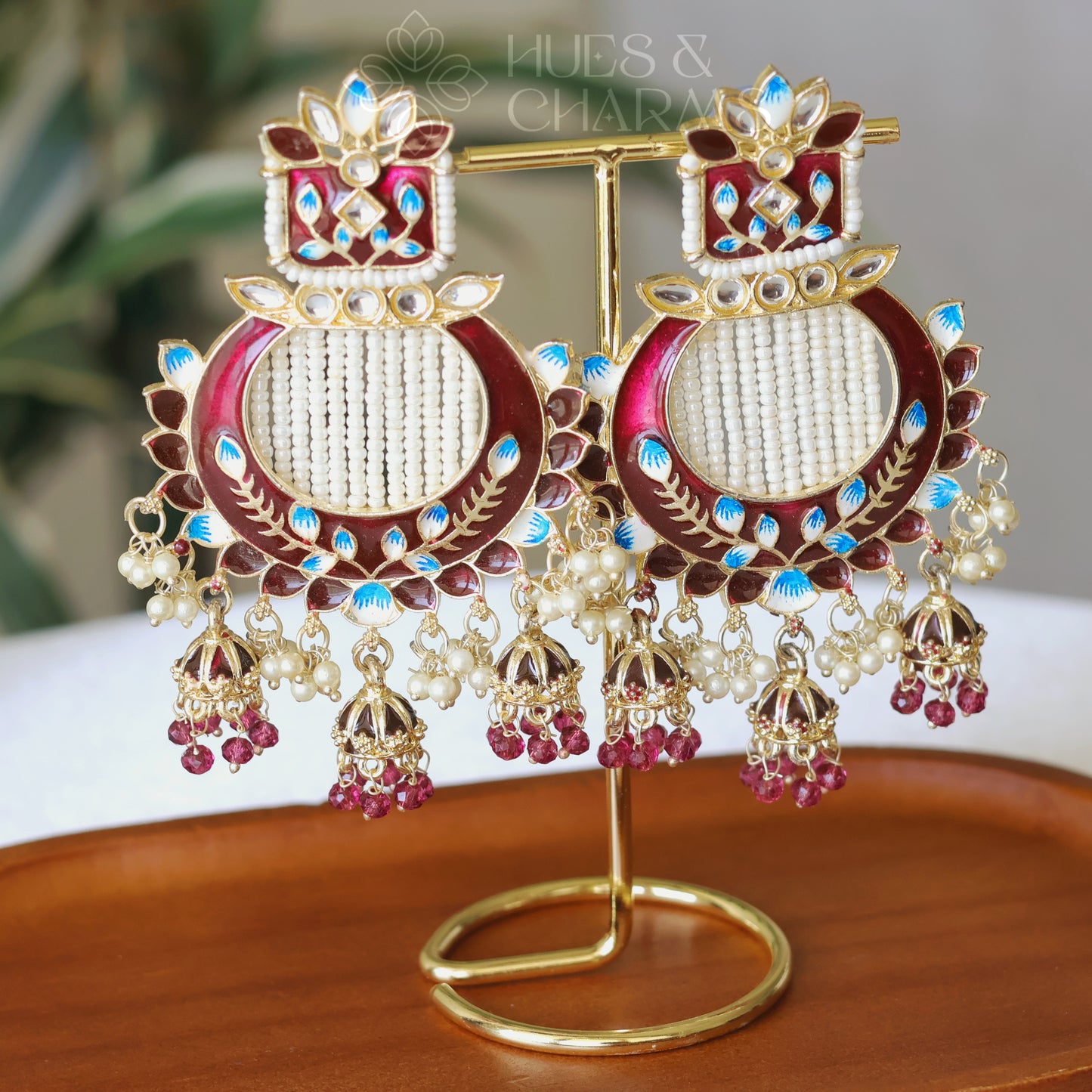 MEENAKARI EARRINGS WITH TRI JHUMKA  - DARK MAROON