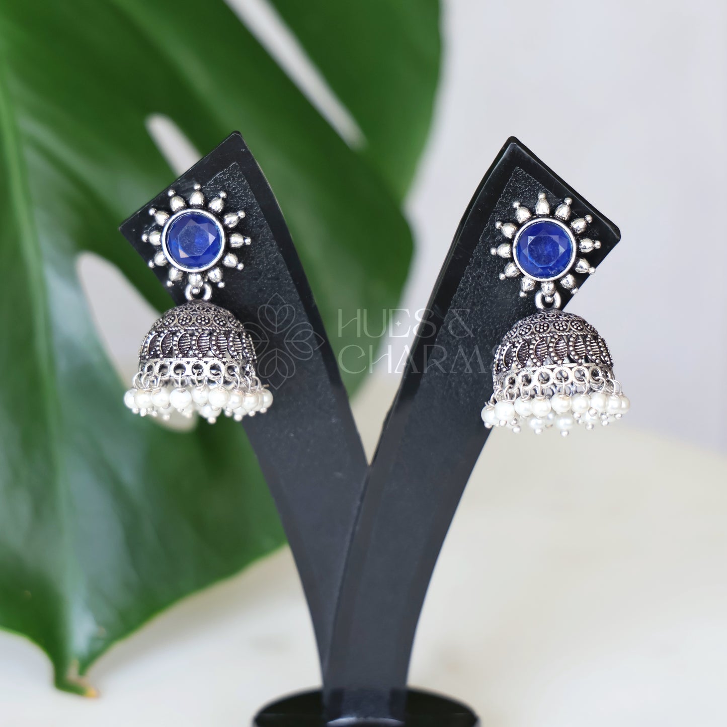 OXIDISED FLORA JHUMKAS WITH CLUSTER PEARLS( COLOURS AVAILABLE )