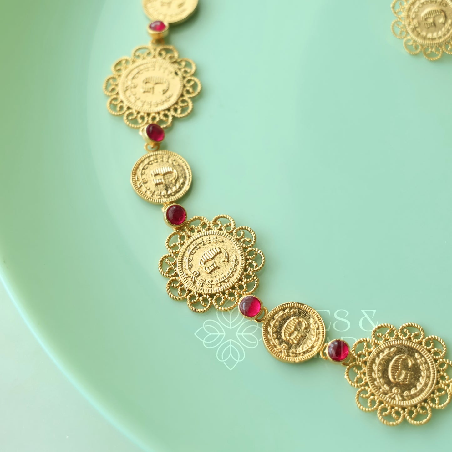 TRADITIONAL RUBY COIN NECKPIECE SET| GOLD PLATED (NON IDOL VERSION)