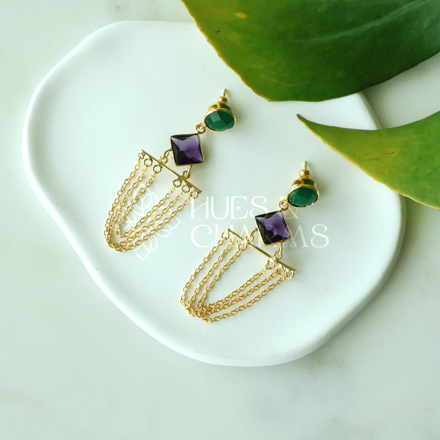 GOLDEN GLOSSY CHAINED ALLURE DANGLER EARRINGS (COLOURS AVAILABLE)