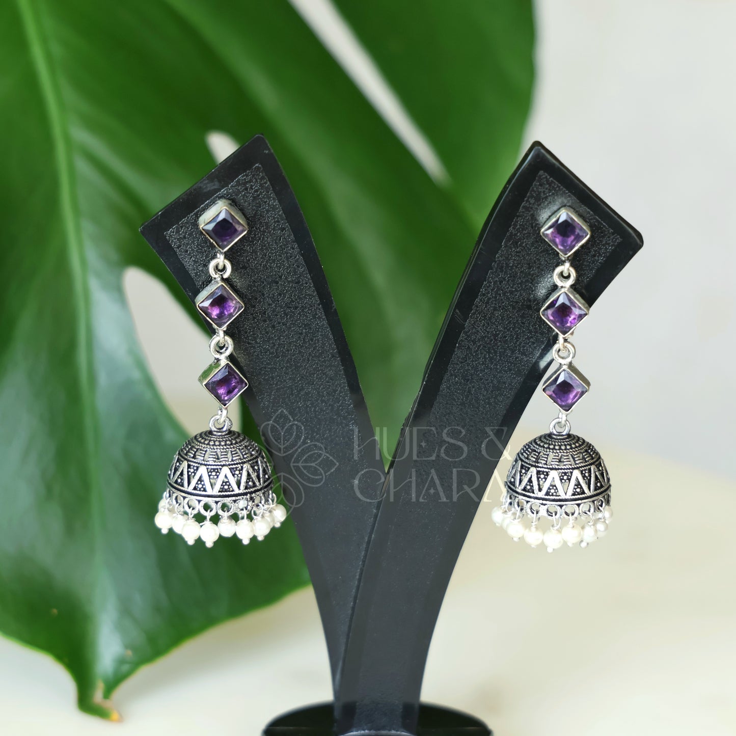 OXIDISED 3 STONE JHUMKAS( COLOURS AVAILABLE )