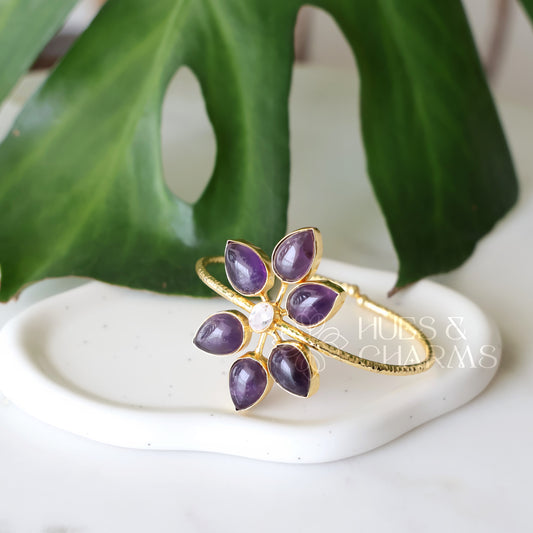 GOLDEN FLORA RAW STONE ADJUSTABLE BANGLE(COLOURS AVAILABLE)