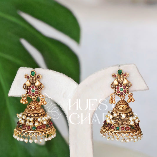 TRADITIONAL ANTIQUE MAYURA JHUMKAS WITH PEARLS