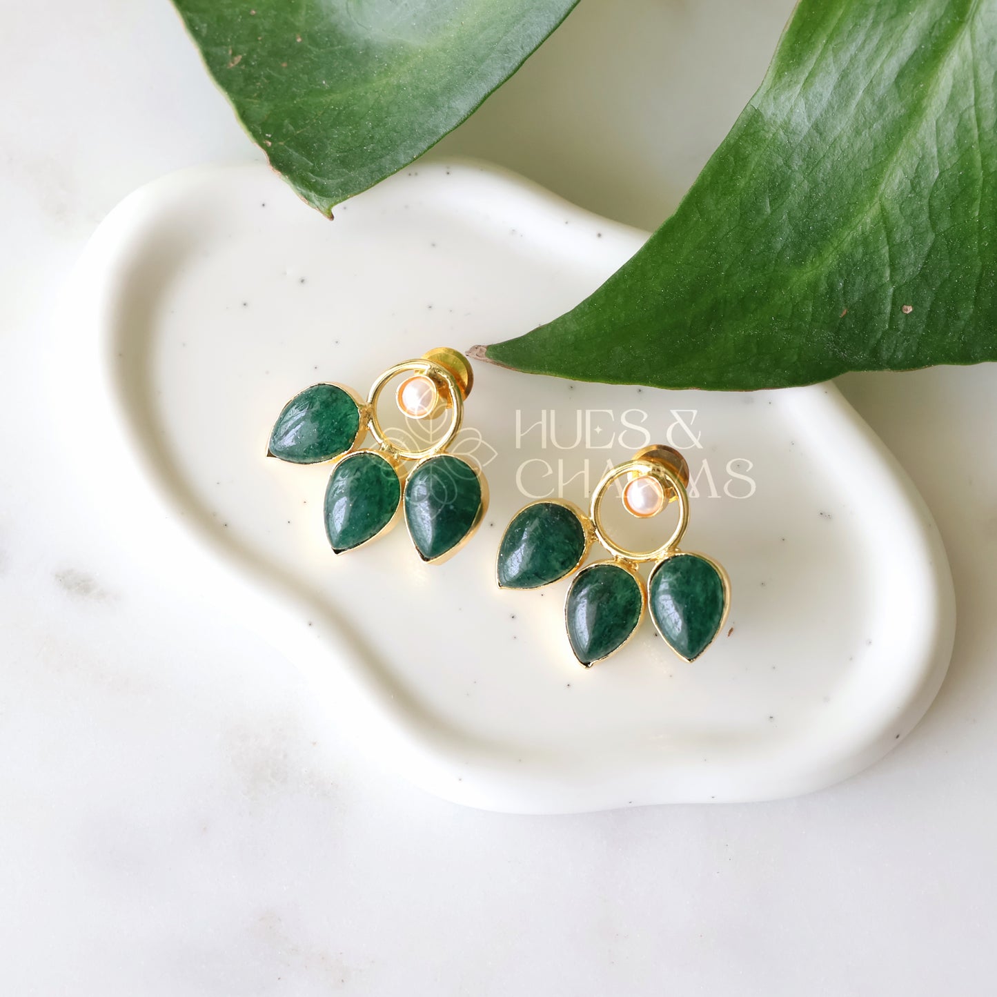 GOLDEN FLORA RAW STONE DROP EARRINGS WITH PEARL (COLOURS AVAILABLE)