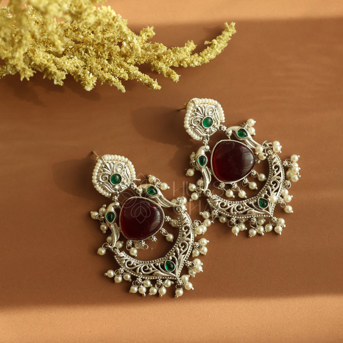 OXIDIZED PALLAVI EARRINGS WITH PEARL