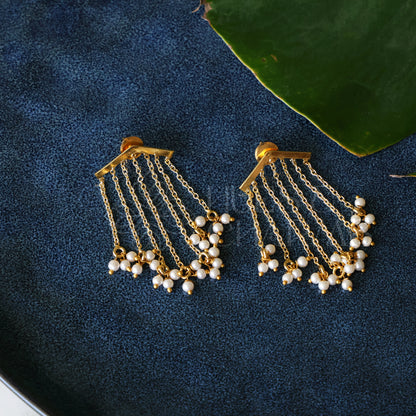 GOLDEN PEARL LAYERED DANGLER STATEMENT EARRINGS