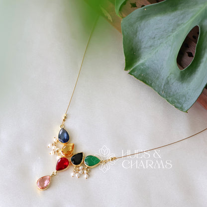 GLOSSY 5 DROP FLOATING NECKPIECE WITH PEARLS (COLOURS AVAILABLE)