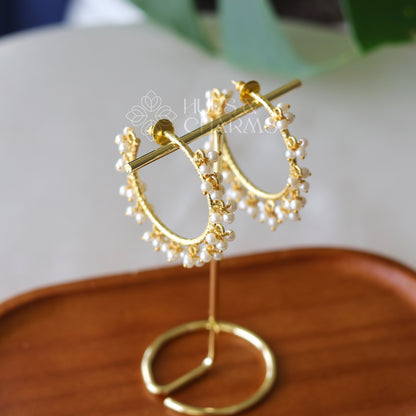 Golden Hammered Hoops with Cluster Pearls