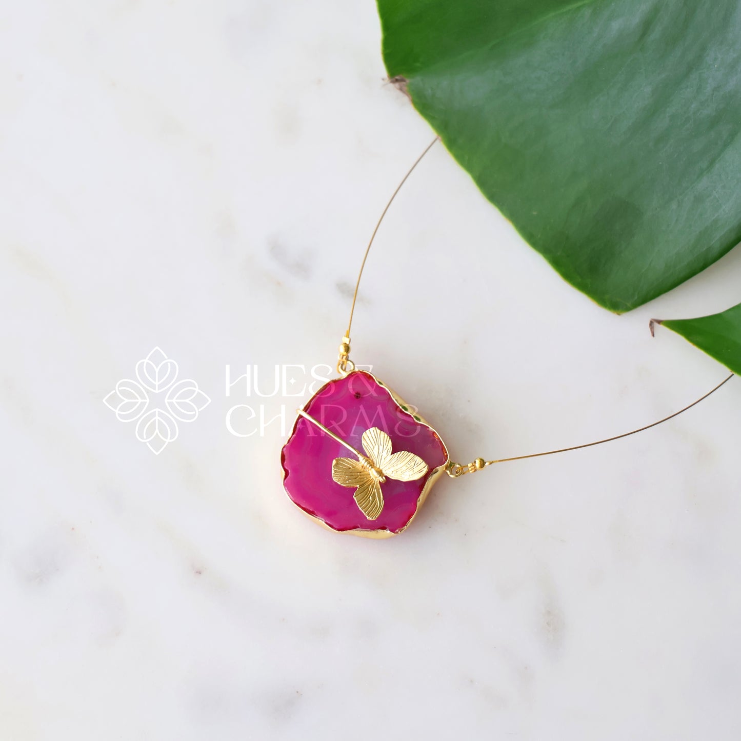 AGATE  STONE WITH BUTTERFLY X FLOATING NECKPIECE (COLOURS AVAILABLE)