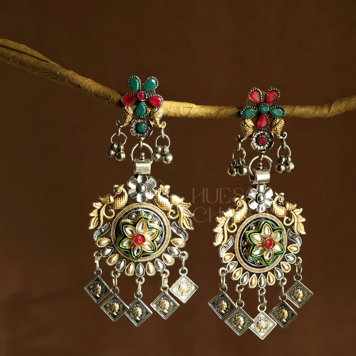 OXIDIZED DUAL TONE PHOOL MAYURI EARRINGS