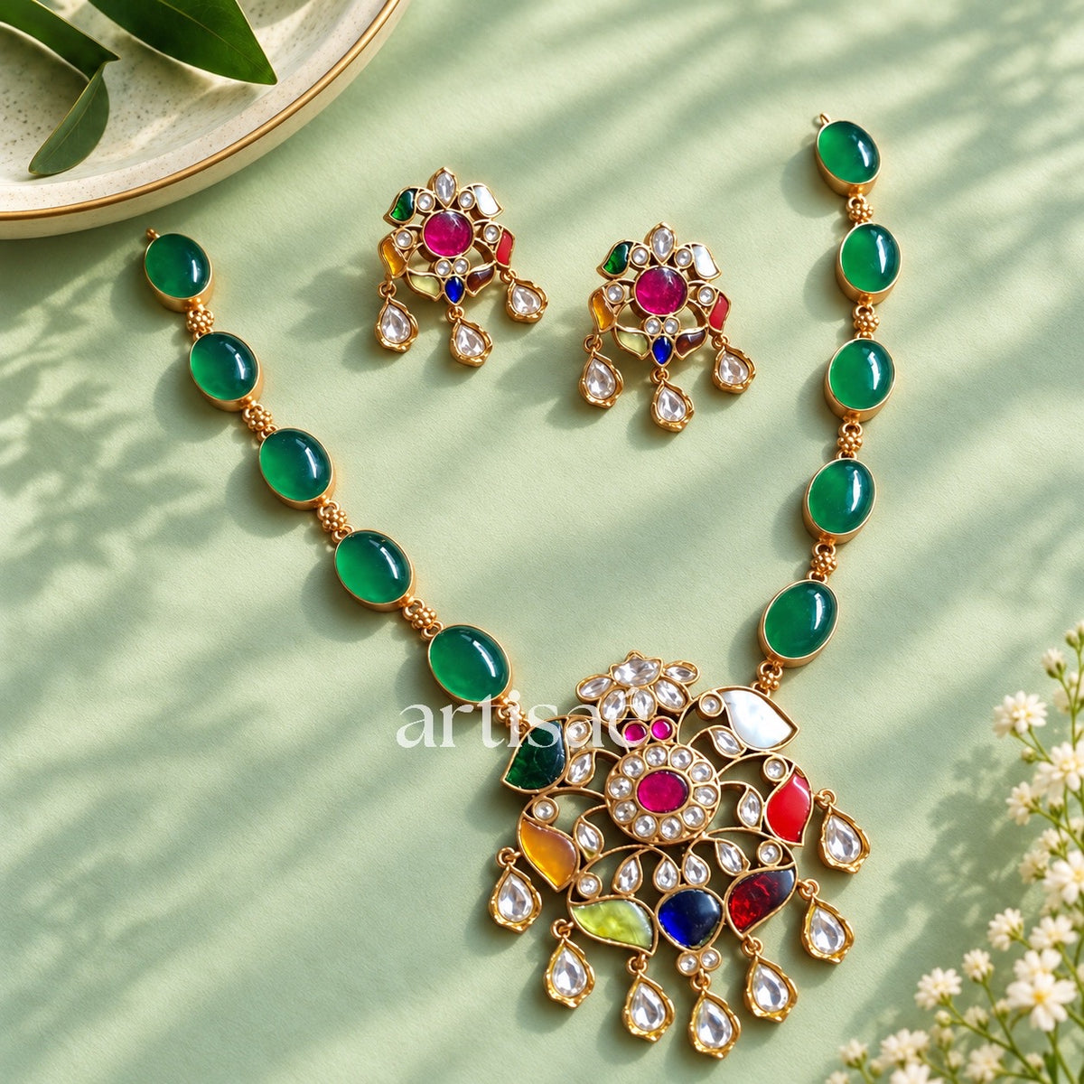 NAVRATNA NATURAL STONE & MOISSANITE NECKLACE SET -GREEN ONYX