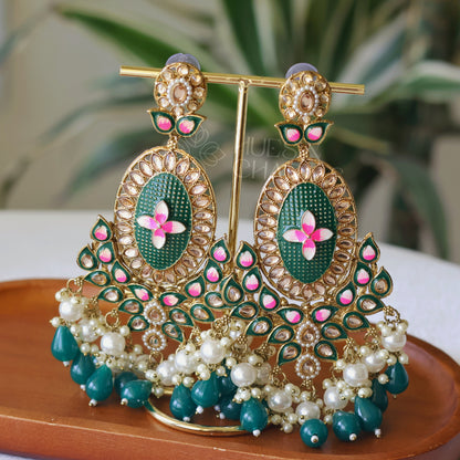 LONG MEENAKARI CHANDBALI EARRINGS - GREEN