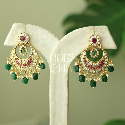 GOLDEN SAMYUKTA KEMP CHANDBALI EARRINGS| PREMIUM JEWELLERY (Colours available)