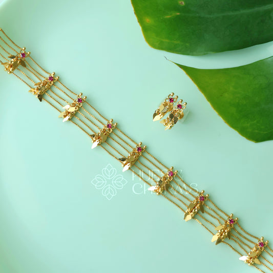 TRADITIONAL STATEMENT 5 LAYER RUBY ELAKKATHALI CHOKER SET | GOLD PLATED