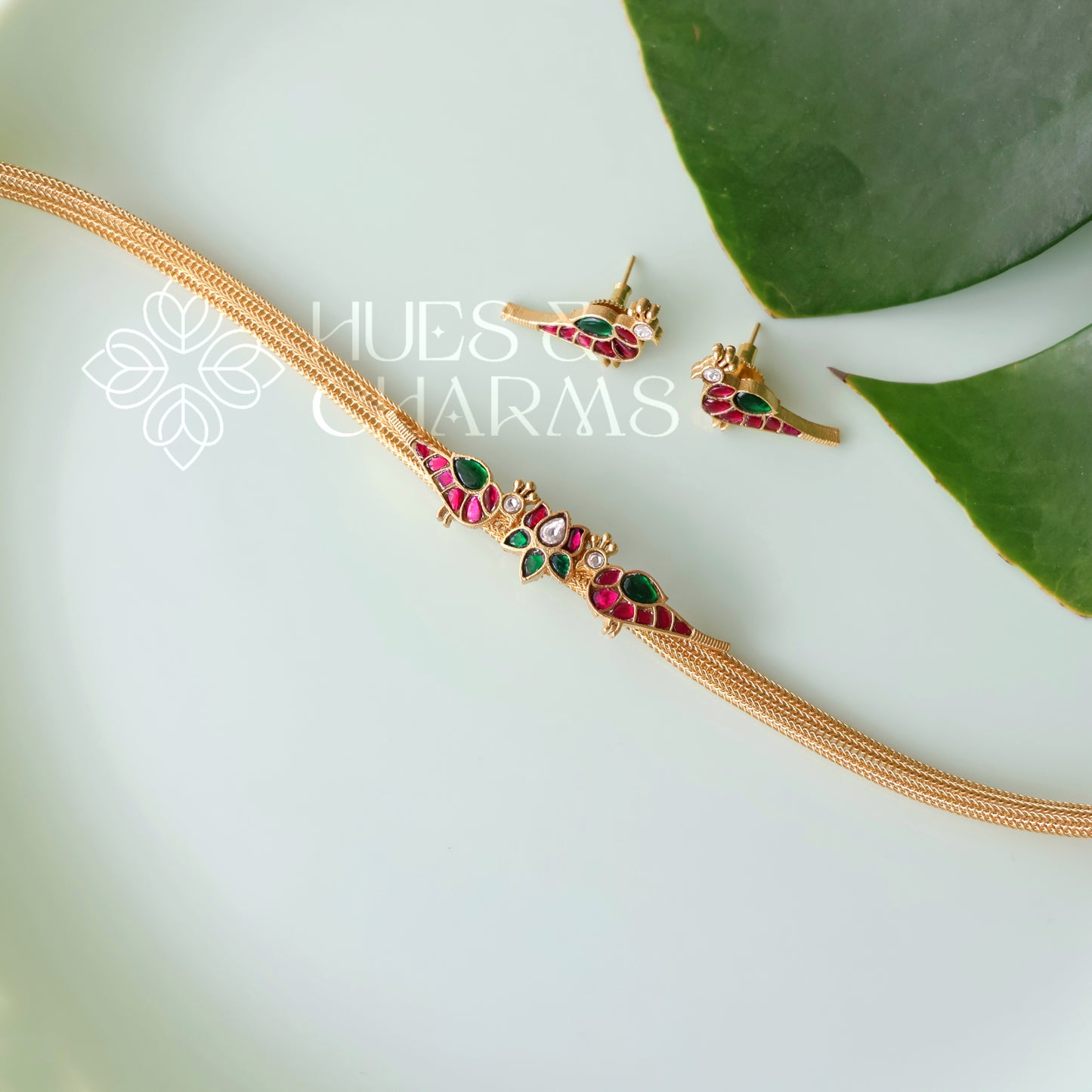 GOLDEN LOTUS & PARROT JADAU CHOKER SET | PREMIUM JEWELLERY