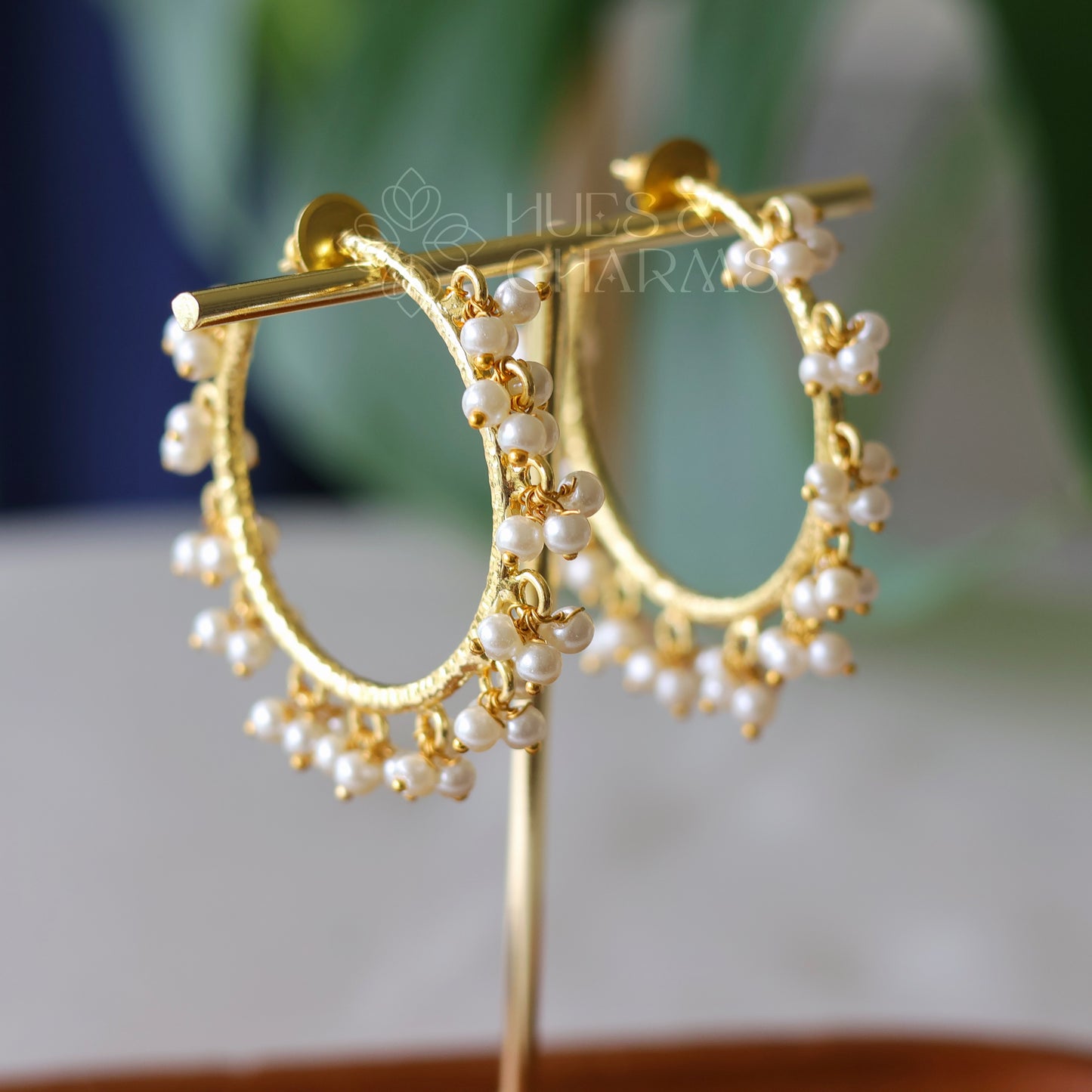 Golden Hammered Hoops with Cluster Pearls