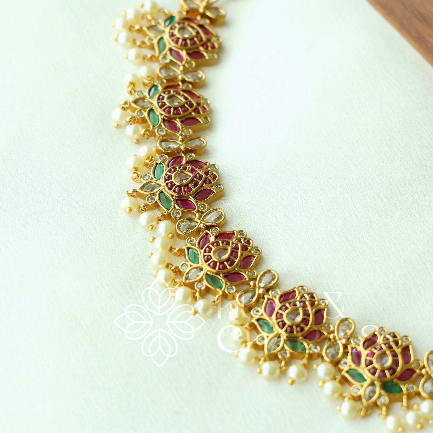 GOLDEN  GUTTAPUSALU KEMP PADMA NECKLACE SET WITH PEARLS | Premium jewellery