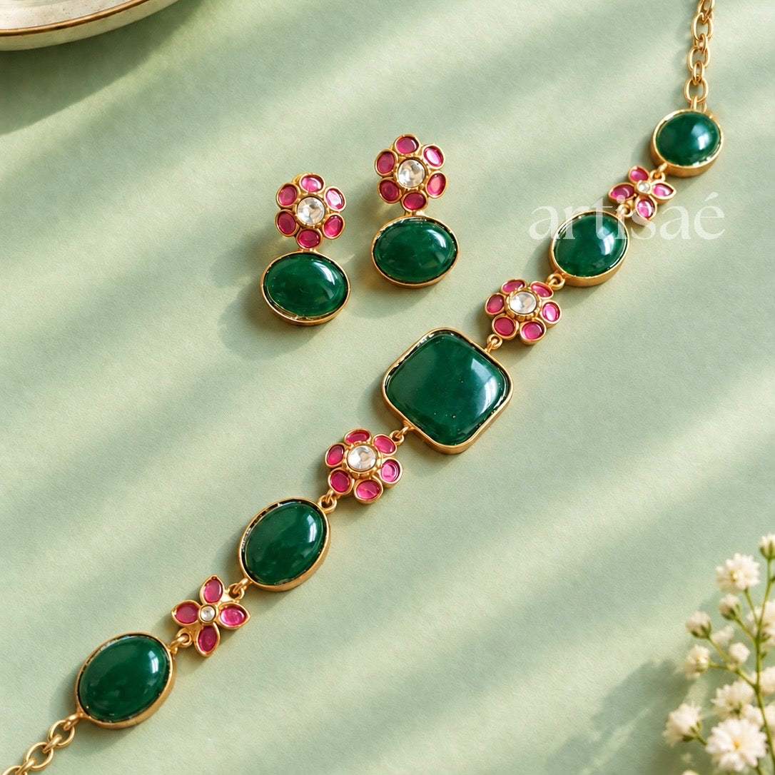 FIORELLE NATURAL STONE CHOKER SET - GREEN ONYX