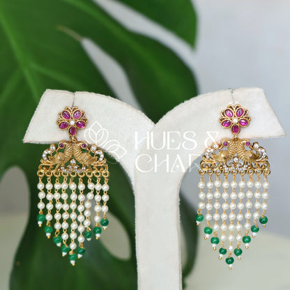 GOLDEN  MAYURA PEARL LAYERD FLORAL  EARRINGS (COLOURS AVAILABLE )