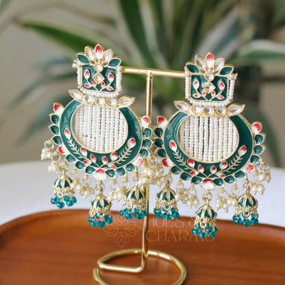 MEENAKARI EARRINGS WITH TRI JHUMKA  - GREEN