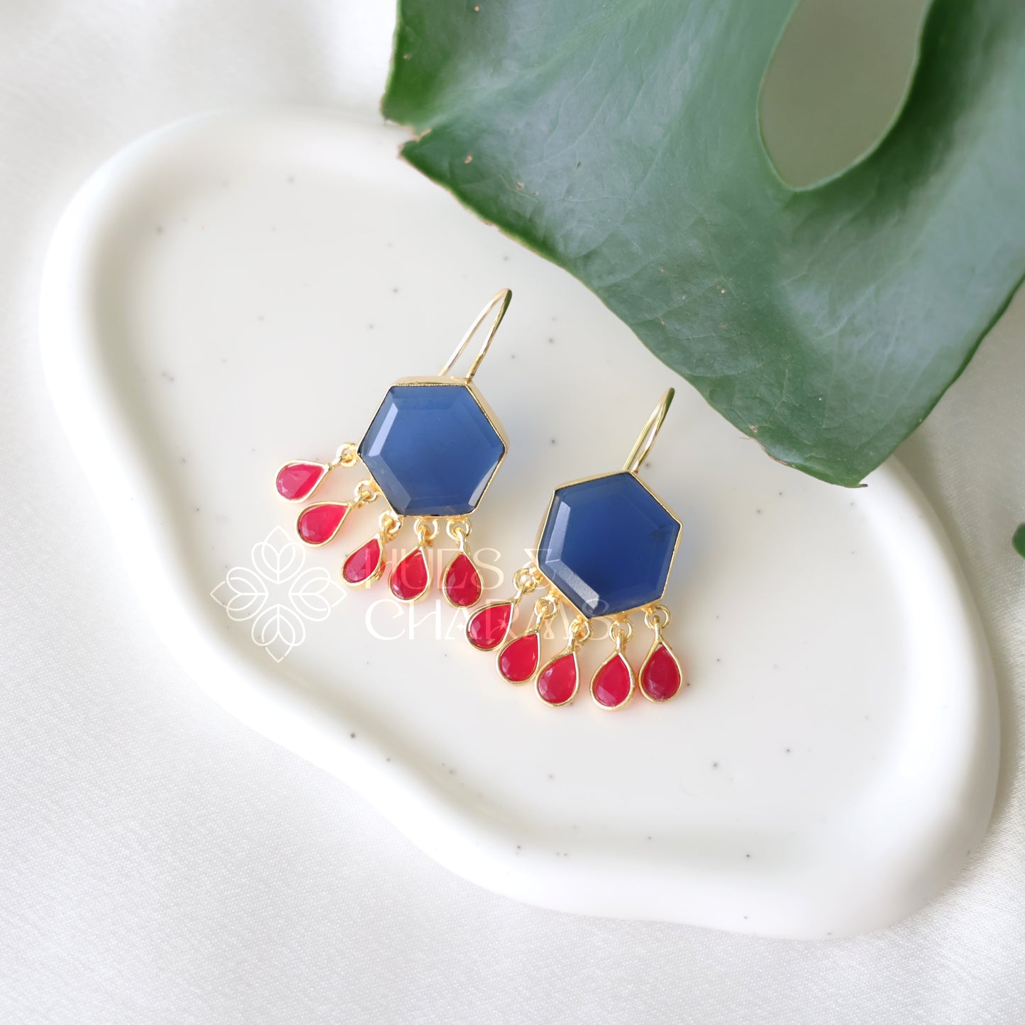 GOLDEN GLOSSY HEXA DEWDROPS EARRINGS (COLOURS AVAILABLE)