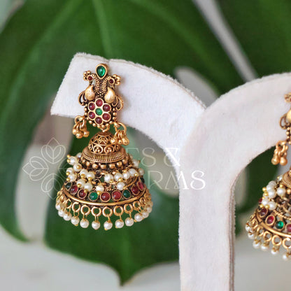 TRADITIONAL ANTIQUE MAYURA JHUMKAS WITH PEARLS