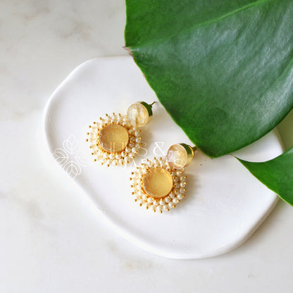 GOLDEN FLORA RAW STONE DANGLER EARRINGS WITH CLUSTER PEARLS (COLOURS AVAILABLE)