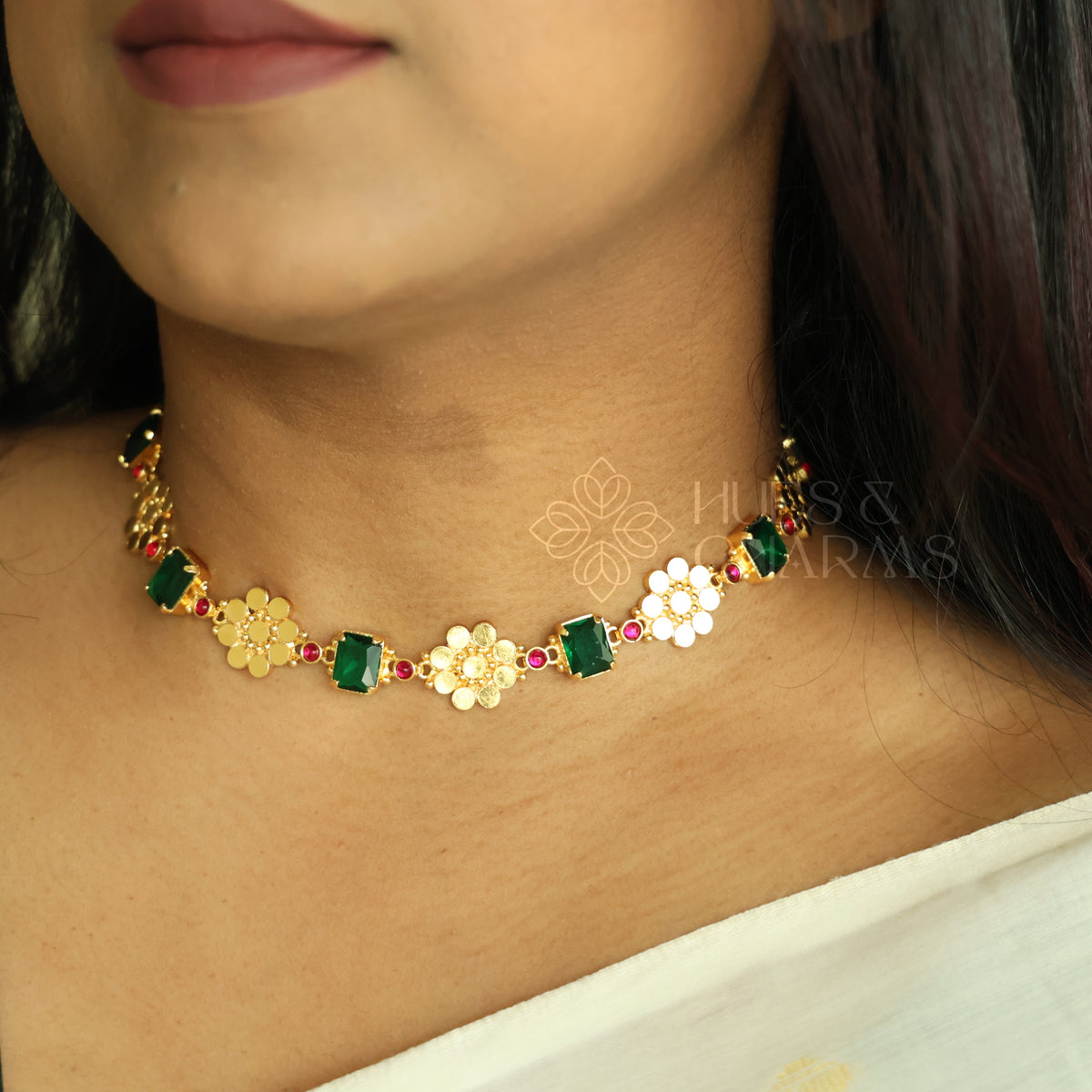 TRADITIONAL PUSHPA EMERALD AND RUBY DETAILED NECKPIECE | PREMIUM GOLD PLATED