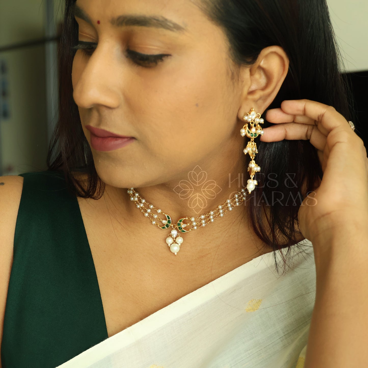 PEARL LAYERED JADAU CHANDRÉ CHOKER SET |PREMIUM JEWELLERY (Colours available)