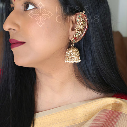 GOLDEN STATEMENT MAYURA EAR CUFF JHUMKAS WITH PEARLS