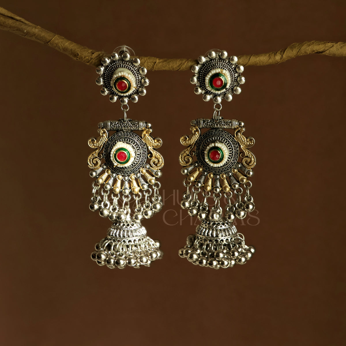 OXIDIZED DUAL RANGMOHINI JHUMKA EARRINGS