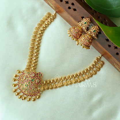 GOLDEN MAYURA LAKSHMI COIN KEMP NECKLACE SET | Premium jewellery