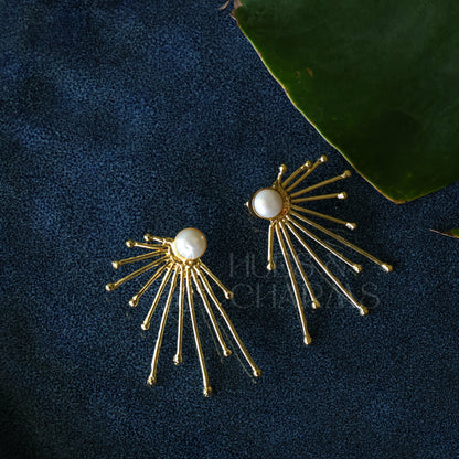 GOLDEN PEARL AURORA RAYS STATEMENT EARRINGS