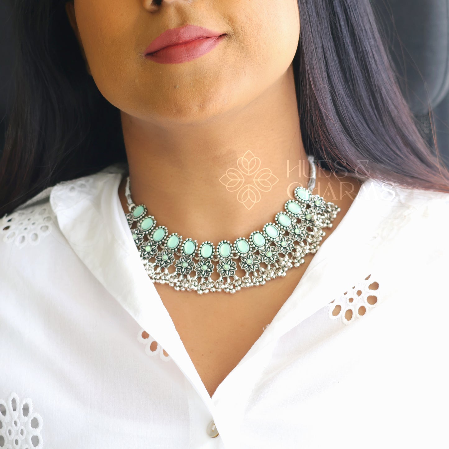 OXIDIZED LIGHT GREEN STONE NECKLACE SET