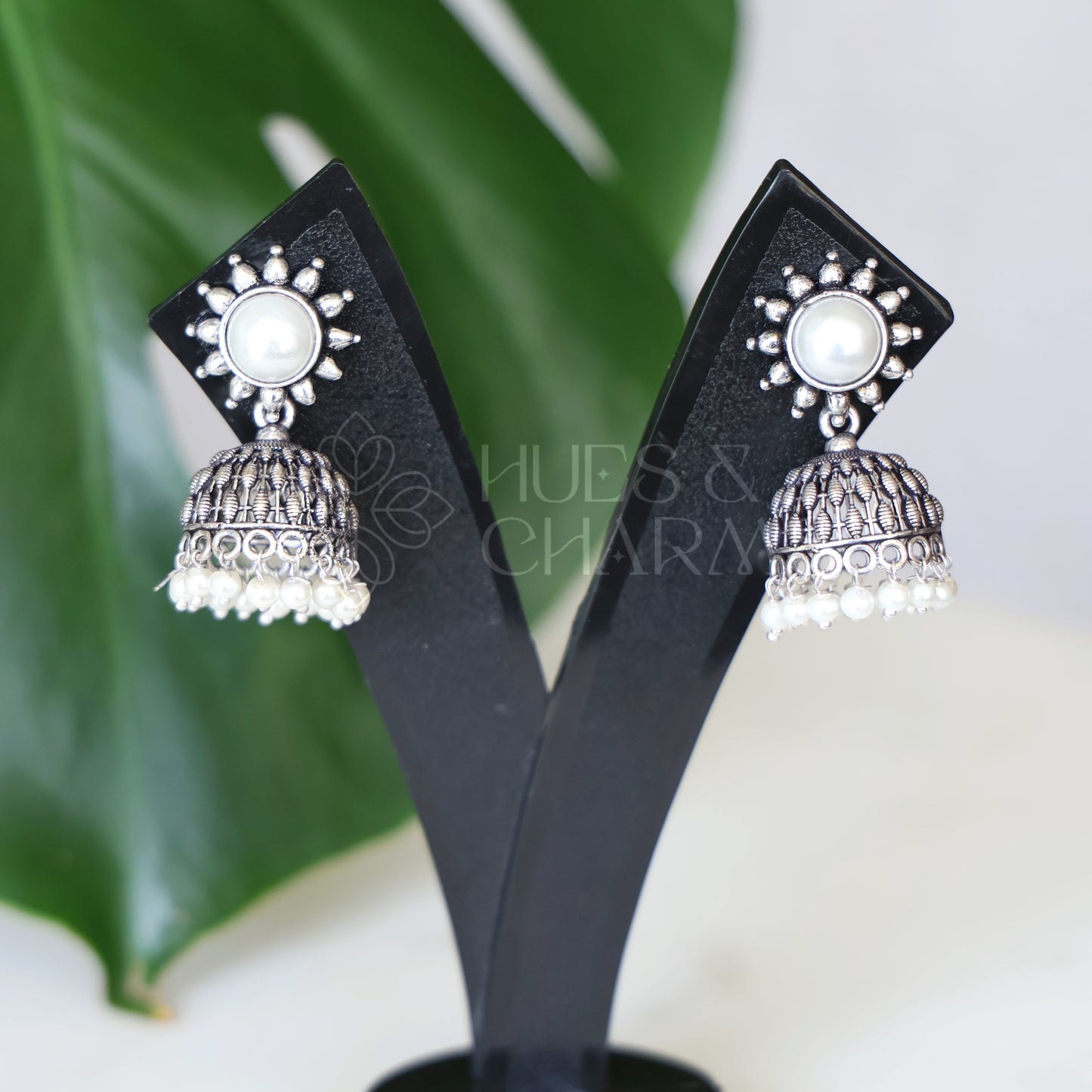 OXIDISED FLORA JHUMKAS WITH CLUSTER PEARLS( COLOURS AVAILABLE )