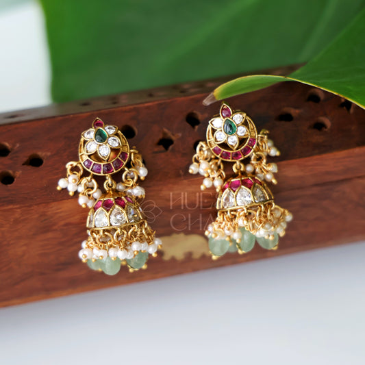 GOLDEN  ANVIKA KUNDAN  KEMP JHUMKA WITH PEARLS | PREMIUM JEWELLERY