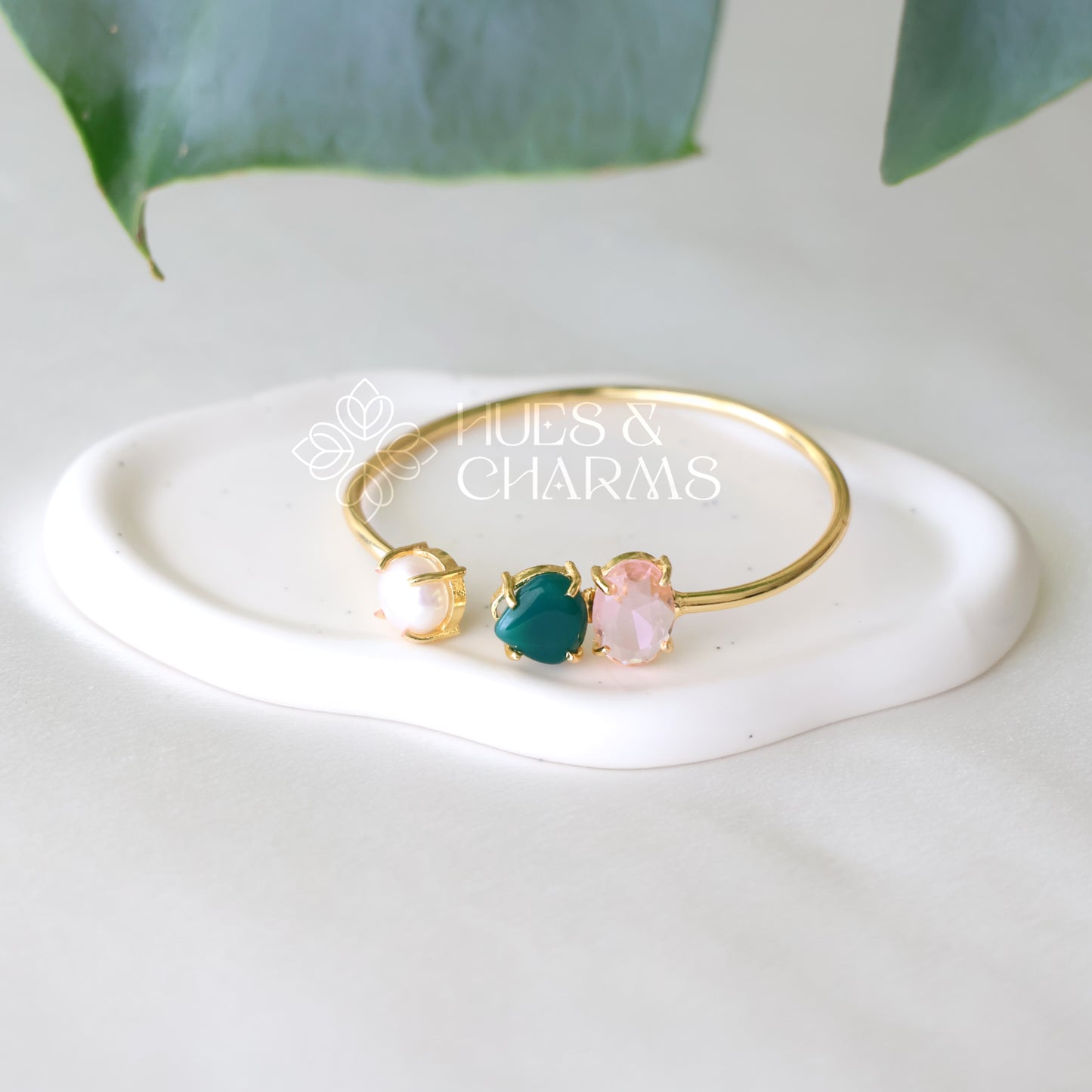GOLDEN GLOSSY MULTI-SHAPE BANGLE WITH PEARL (COLOURS AVAILABLE)