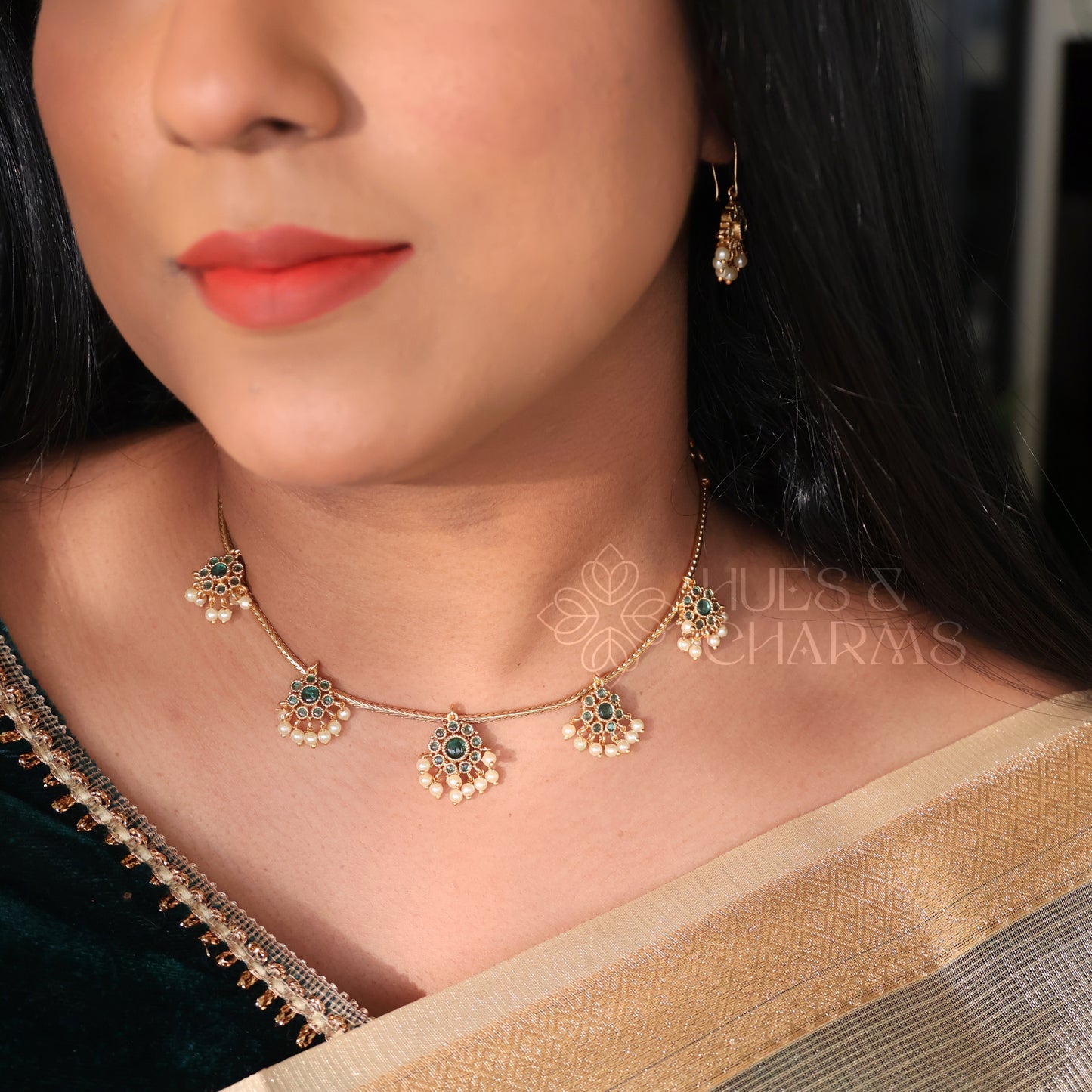 GOLDEN GULMOHAR DROPLET NECKLACE SET (COLOURS AVAILABLE)