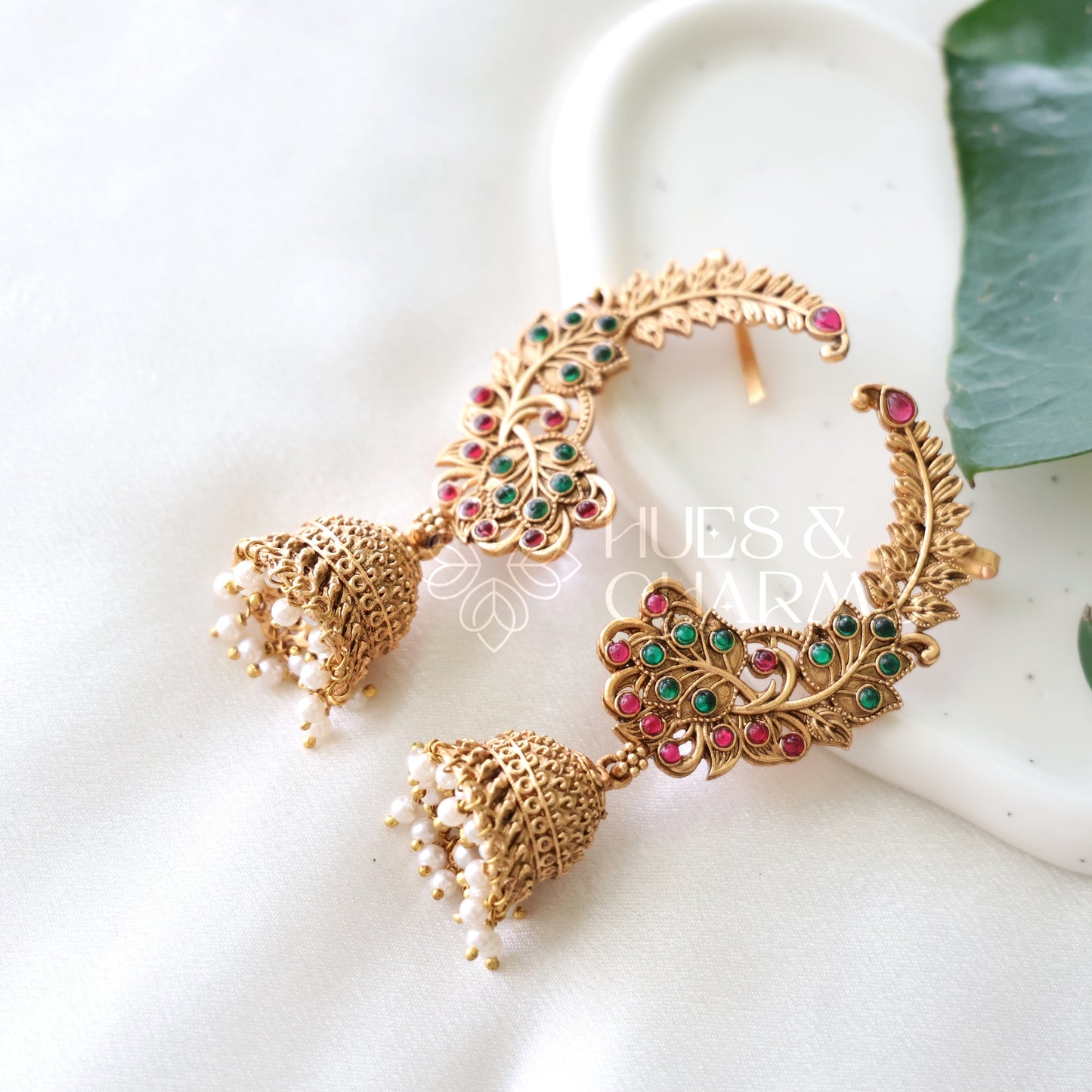 GOLDEN KANKA LEAF EAR CUFF JHUMKAS WITH PEARLS (COLOURS AVAILABLE)