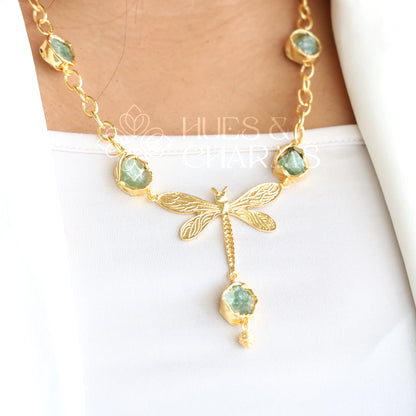 GOLDEN RAW STONE ENCHANTED DRAGONFLY NECKLACE SET (Colours available)