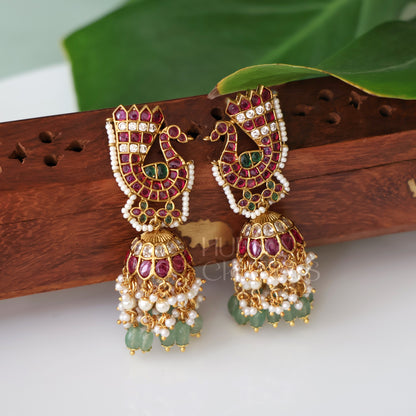 GOLDEN STATEMENT KEMP MAYURA JHUMKA WITH PEARLS | PREMIUM JEWELLERY