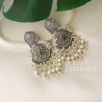 OXIDISED STATEMENT EARRING WITH PEARL DANGLERS(COLOURS AVAILABLE)