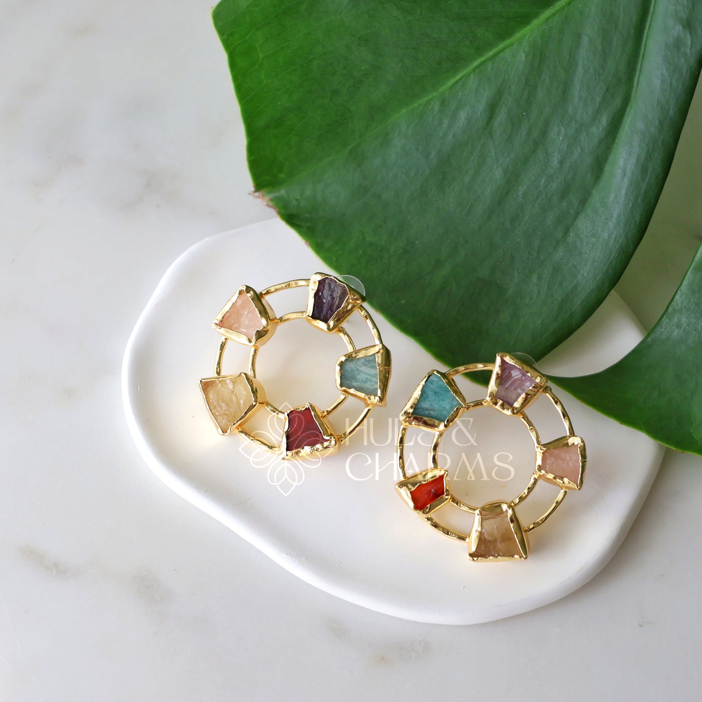 GOLDEN STATEMENT CELESTE RAW STONE STUD EARRINGS (COLOURS AVAILABLE)