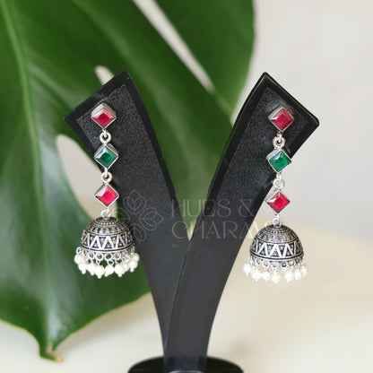 OXIDISED 3 STONE JHUMKAS( COLOURS AVAILABLE )
