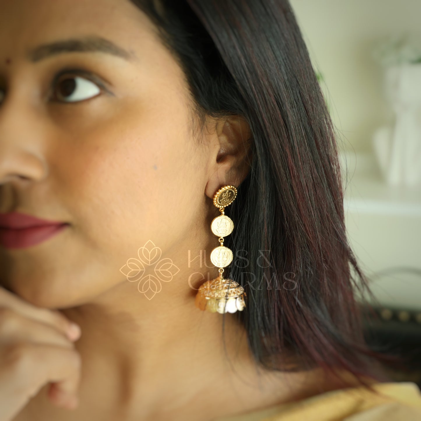 GOLDEN LAKSHMI 3 LAYER STEP COIN JHUMKA (IDOL VERSION) | GOLD PLATED
