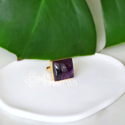 GOLDEN AMETHYST SQUARE STONE ADJUSTABLE RING